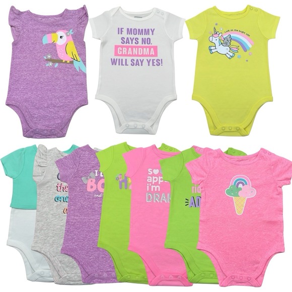 Garanimals Other - Garanimals Baby Girls Short Sleeve Graphic One piece Bodysuits Sz 12M Lot of 10